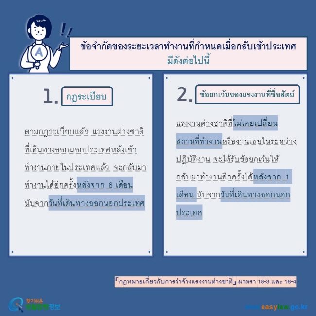 การจ้างงานและการทำงานของแรงงานต่างชาตข้อจำกัดของระยะเวลาทำงานที่กำหนดเมื่อกลับเข้าประเทศมีดังต่อไปนี้ กฎระเบียบ ข้อยกเว้นของแรงงานที่ซื่อสัตย์  ตามกฎระเบียบแล้ว แรงงานต่างชาติที่เดินทางออกนอกประเทศหลังเข้าทำงานภายในประเทศแล้ว จะกลับมาทำงานได้อีกครั้งหลังจาก 6 เดือนนับจากวันที่เดินทางออกนอกประเทศ แรงงานต่างชาติที่ไม่เคยเปลี่ยนสถานที่ทำงานหรืองานเลยในระหว่างปฏิบัติงาน จะได้รับข้อยกเว้นให้กลับมาทำงานอีกครั้งได้หลังจาก 1 เดือน นับจากวันที่เดินทางออกนอกประเทศ 「กฎหมายเกี่ยวกับการว่าจ้างแรงงานต่างชาติ」 มาตรา 18-3 และ 18-4  